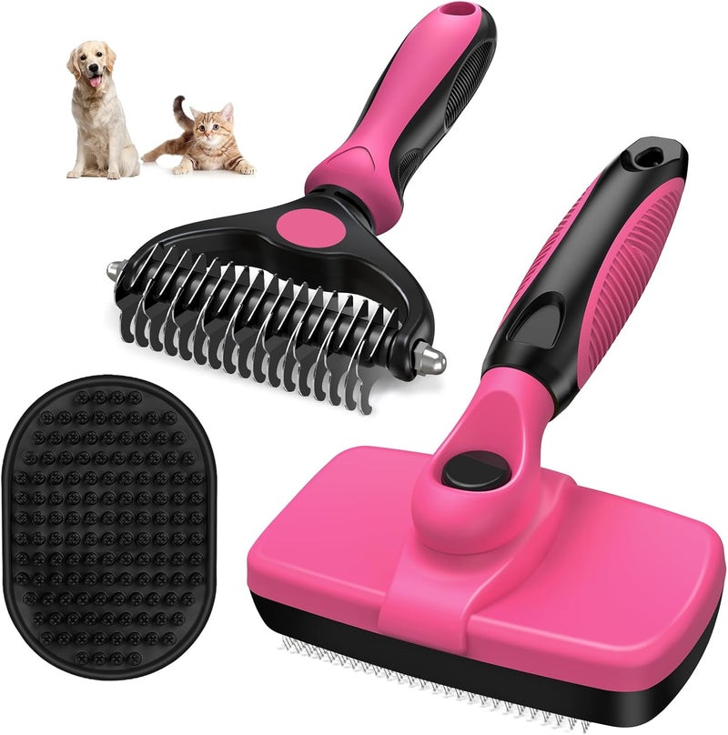 Augwind 3PCS Self Cleaning Slicker Brush & Pet Grooming Rake & Bath Brush for Dogs,Cats and Horses | Double-Sided Dematting Comb & Skin Friendly Deshedding Grooming Tool | Premium Pet Supplies (Red Black) - Image 1
